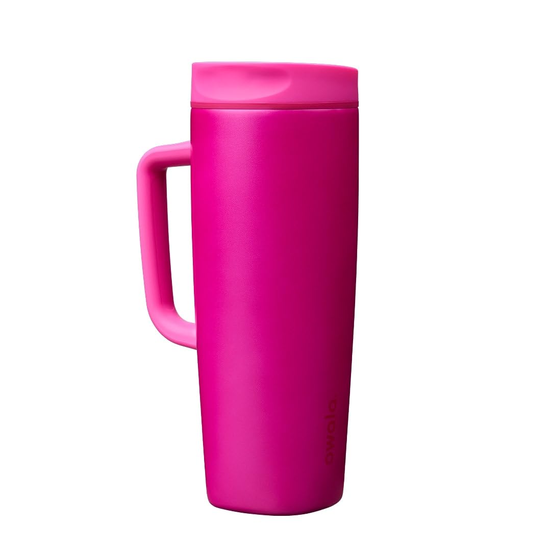 Owala SmoothSip Slider Insulated Stainless Steel Coffee Tumbler, Reusable Iced Coffee Cup, Hot Coffee Travel Mug, BPA Free 12 oz, Pink/Tan (Daybreak)