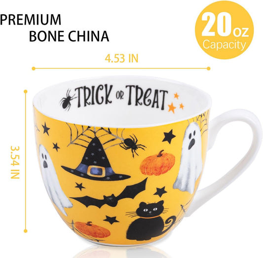 Orange Halloween Mug – 20oz Bone China Coffee Mug with Black Cat, Ghost, Pumpkin & Bat, Perfect Fall Gift for Halloween Lovers, Designed in England by Harvest Green Studio