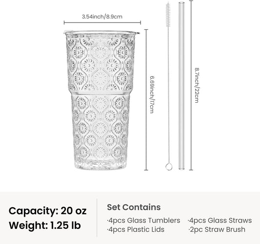 INSETLAN 20 oz Iced Coffee Cups with Lids and Straw, Set of 4 Glass Tumbler