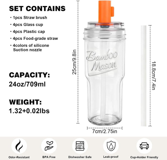 ANOTION Glass Cups With Lids And Straws, Leakproof Tumbler 24oz Mason Jar Coffee Cup, Cap Cup Leak-Proof, Silicone Straw, Reusable Iced Coffee Smoothie Matcha Cup Aesthetic Coffee Gifts Women 2pc