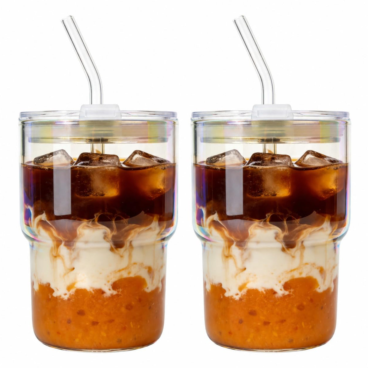 Luxfuel 16 oz Glass Cups with Lids and Straws Reusable Iced Coffee Tumbler