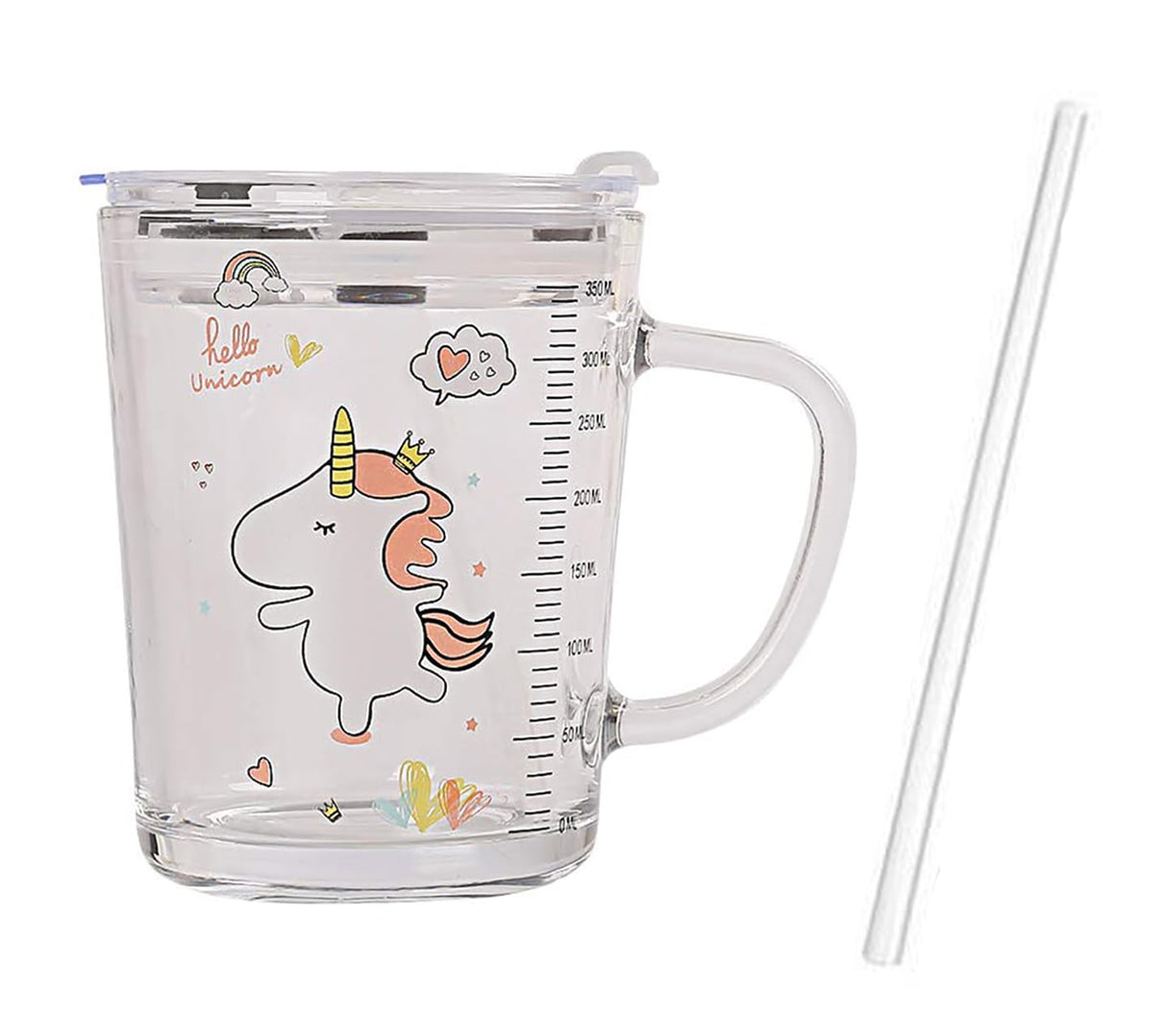 Kids Straw Cup with Lid and Handle,14oz Cute Glass Tumbler with Scale for Water, Tea, Milk Coffee