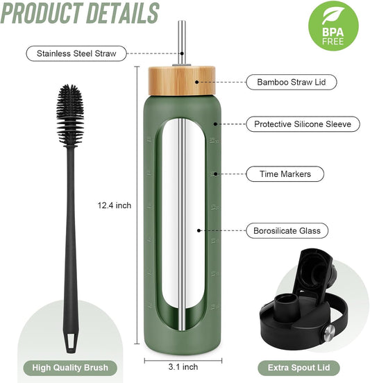 FULBEVY 32 oz Glass Water Bottles - 1 Liter Motivational Tumbler Water Bottle Time Marker - Borosilicate Glass Water Bottle With Silicone Sleeve and 2 Lids, Handle Spout & Bamboo Straw Lid (Olive)