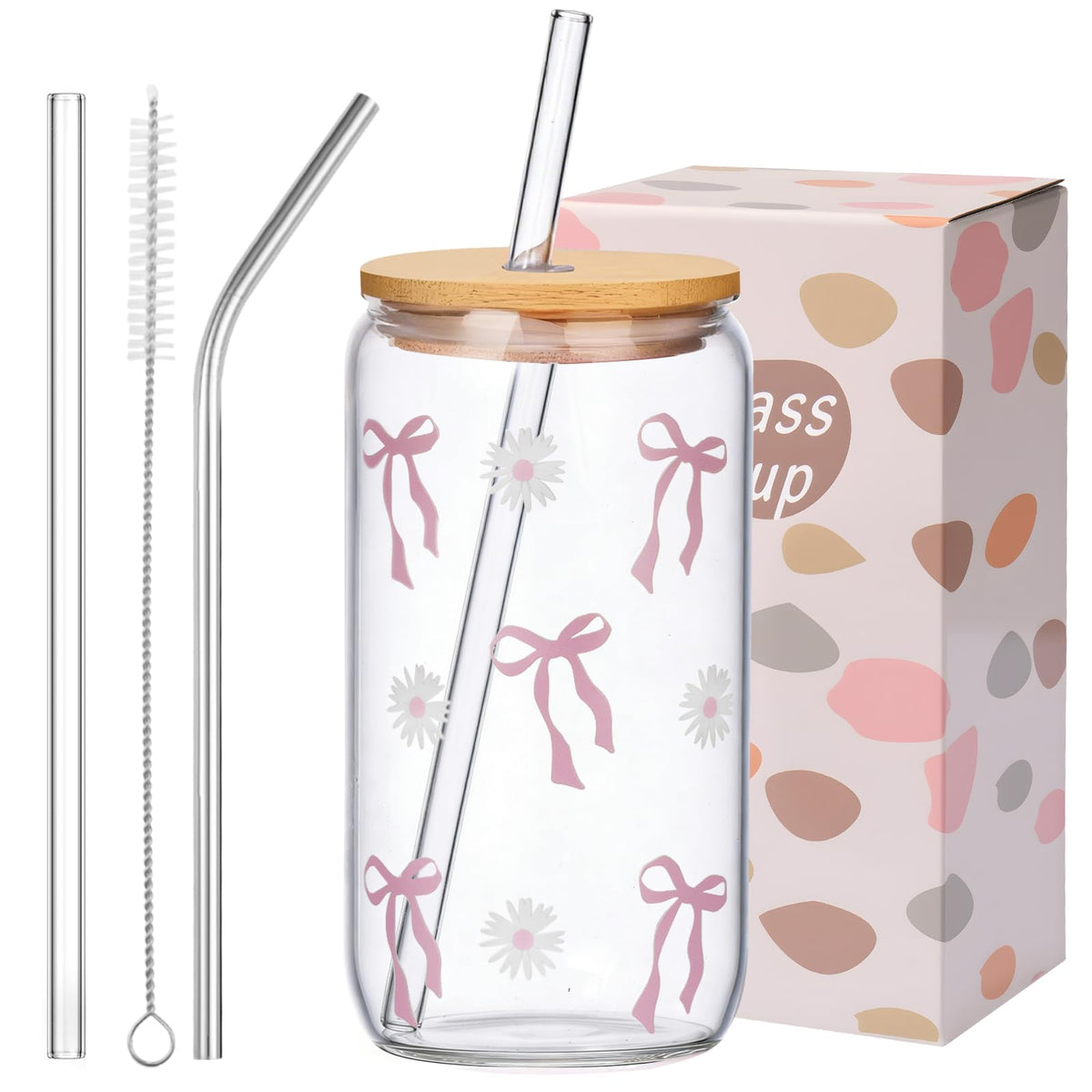 ANABIUP Cute Glass Cups with Lids and Straws, Daisy Flower Iced Coffee Smoothie Matcha Cup Tumbler Birthday Gifts for Women Sister Friend Her Preppy Teenage Girls Teen Girl Gifts Trendy Stuff Things