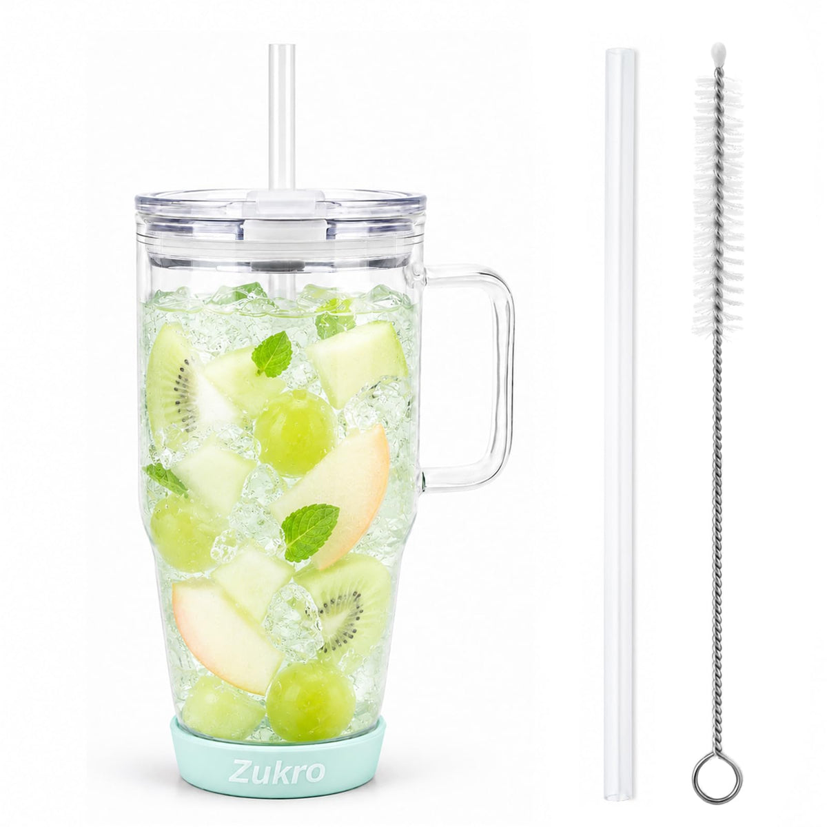 Zukro 32 oz Glass Water Tumbler with Handle & Straw, 2-in-1 Leak Proof Lid