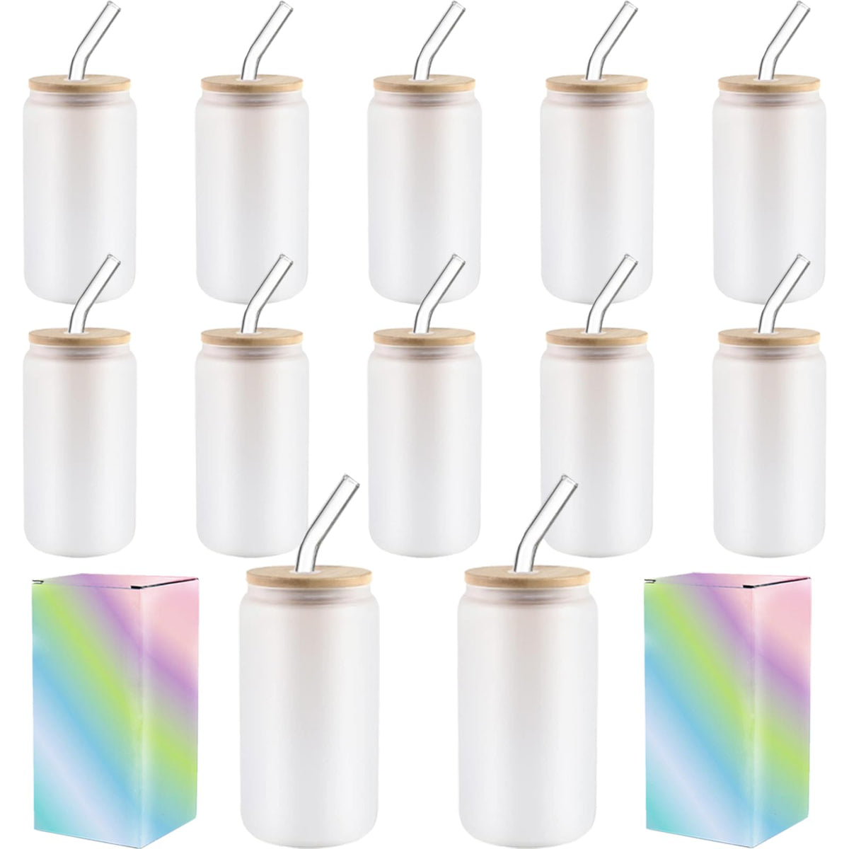ABBSH Sublimation Glass Cups With Bamboo Lids And Straws 16OZ,Sublimation Beer Can Glass, Sublimation Frosted Glass Tumbler Blanks 12Pack