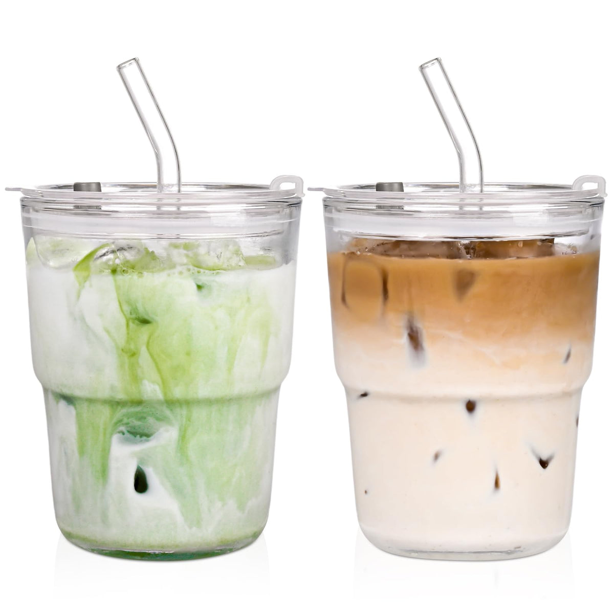 13oz Iced Coffee Cups,2Pcs Glass Cups with Lids and Straws Drinking Glasses,Clear Ribbed Glassware,Reusable Tumbler Glass to Go Cup for Matcha, Iced Tea,Juice