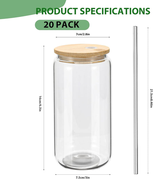 YOUKE OLA 20 Pack Glass Cups with Bamboo Lids and Metal Straw Can Shaped Drinking Glasses, Glass Tumbler Reusable Cute Cups for Whiskey, Iced Coffee, Tea, Soda, Cocktail, Gift, Clear 20oz