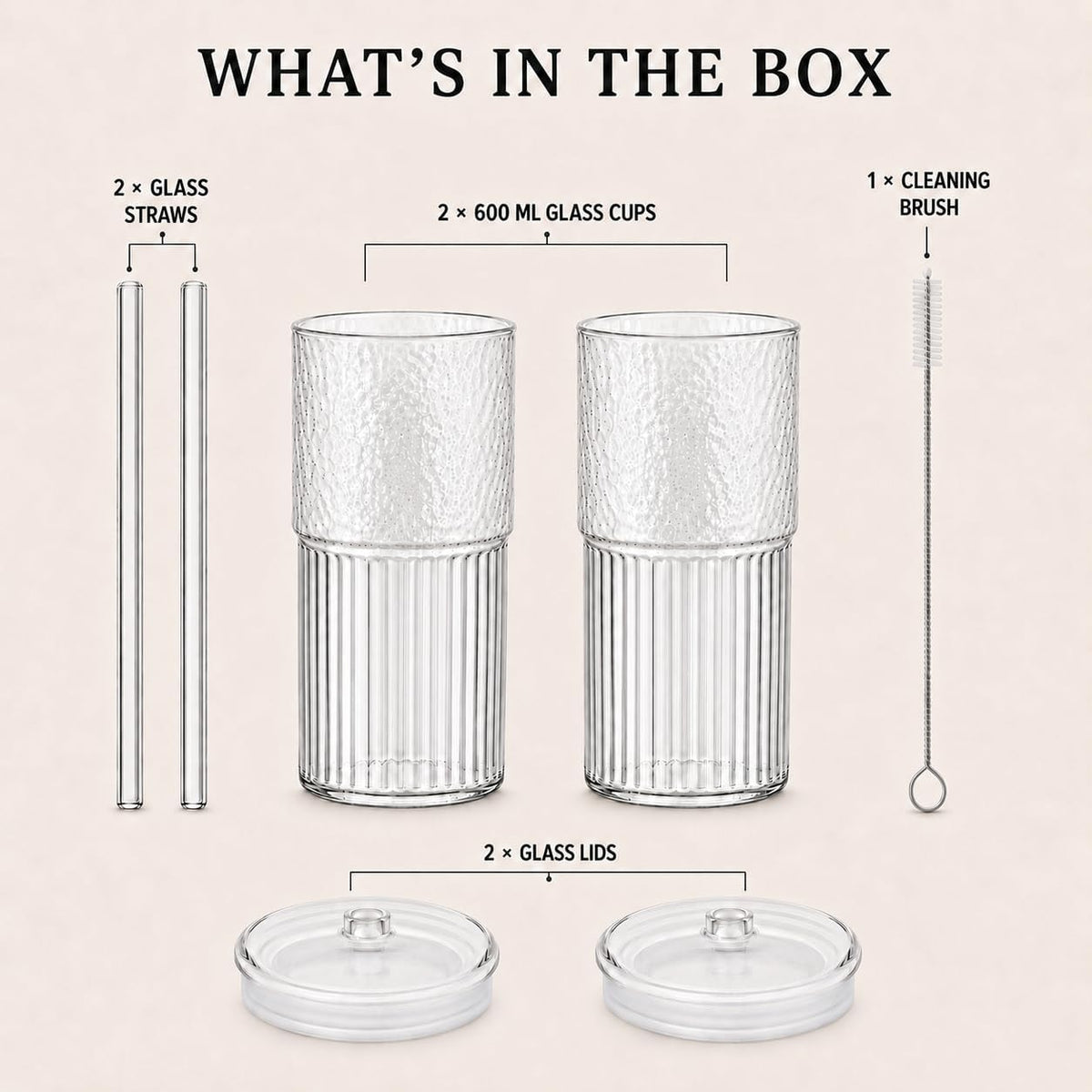 Luiaiog 20 oz Glass Cups with Lids and Straws Set of 2, Ribbed Glass Coffee Cups for Iced Coffee, Matcha, Cold Brew, Smoothie, Boba, Reusable Clear Glass Tumbler with Cleaning Brush