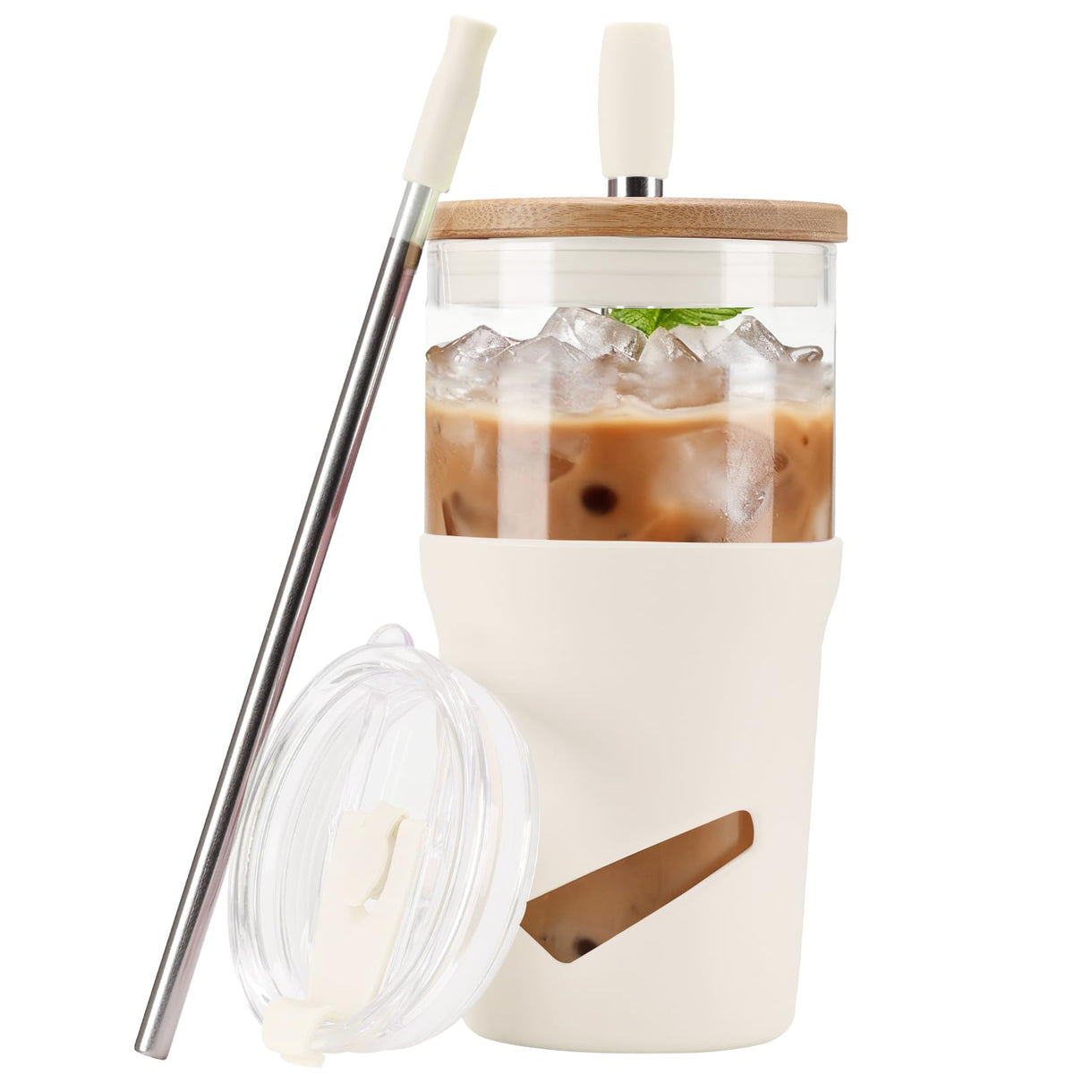 Glass Tumbler with Lids and Straws, 20 oz Iced Coffee Cup and Smoothie Cup with Bamboo Lid and On the go Lid,Glass Cups With Straws