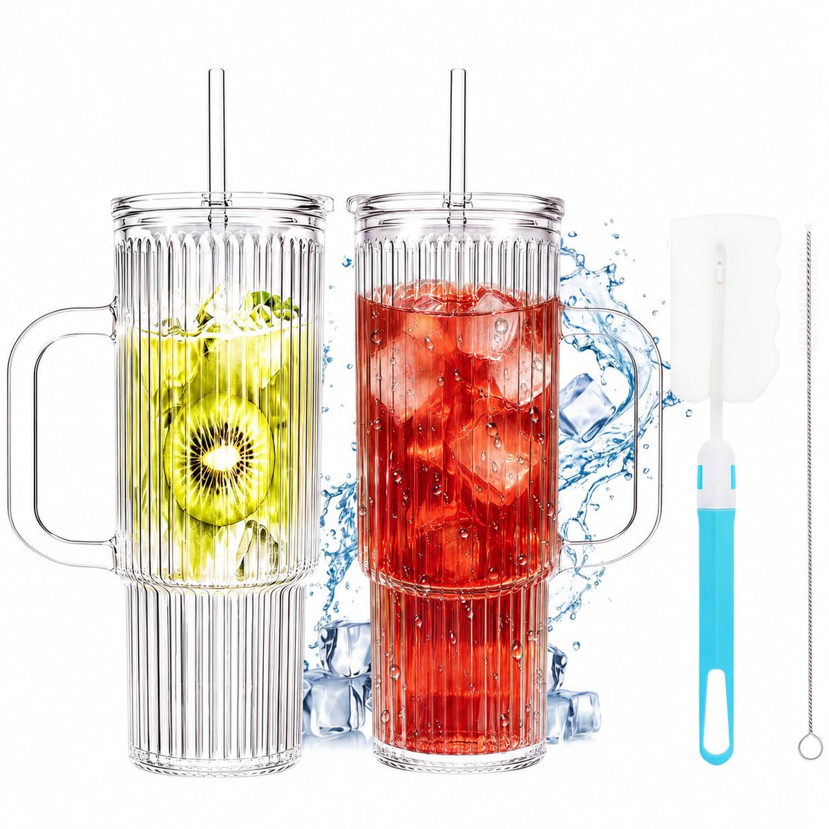 Birity 2Pack 40OZ Glass Tumbler with Handle,Glass Cup with Lid and Straw,Reusable Glass Iced Coffee Cup for Beer, Smoothies, Juice,Hot/Cold Drinks-Suitable for Birthday,Wedding