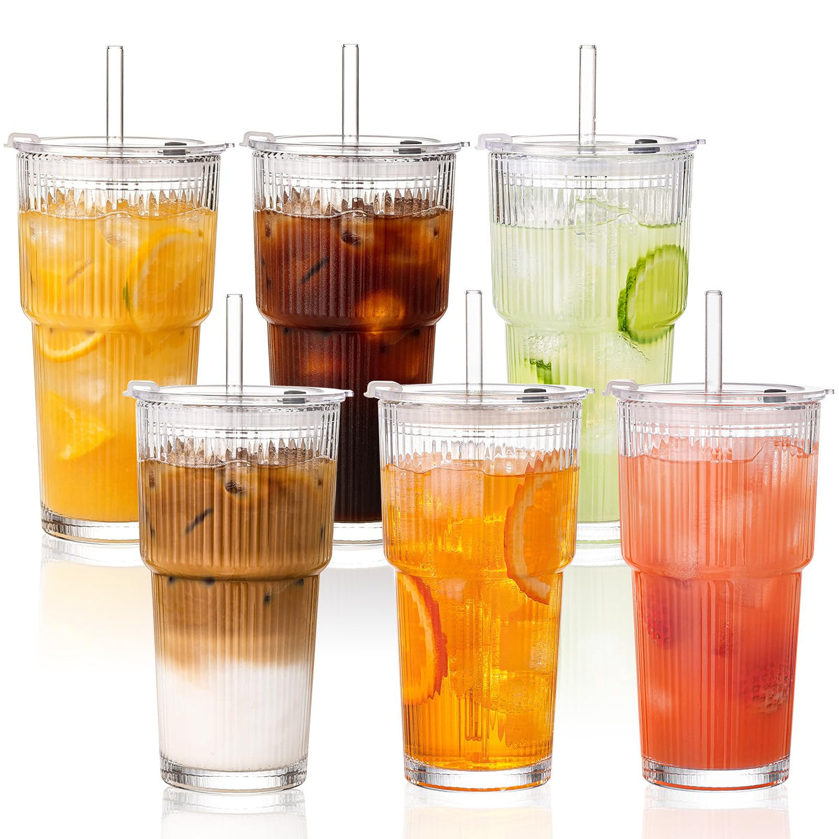 20oz Iced Coffee Cups with Lids, Ribbed Glass Cups with Lids and Straws