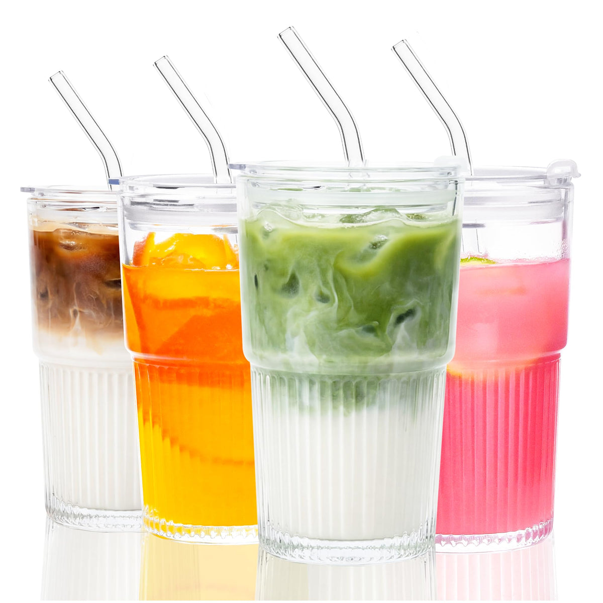 Glass Tumbler with Straw and Lid 16 oz Ribbed Glass Coffee Cups