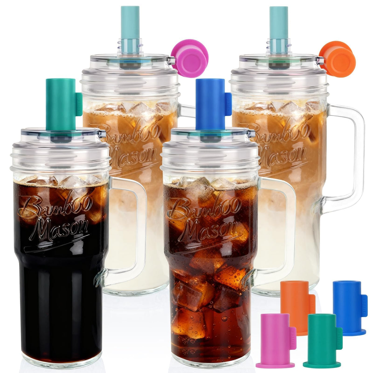 ANOTION Glass Cups With Lids And Straws, Leakproof Tumbler 24oz Mason Jar Coffee Cup, Cap Cup Leak-Proof with Straw, Reusable Iced Coffee Smoothie Matcha Cup Aesthetic Coffee Gifts Women 2pc