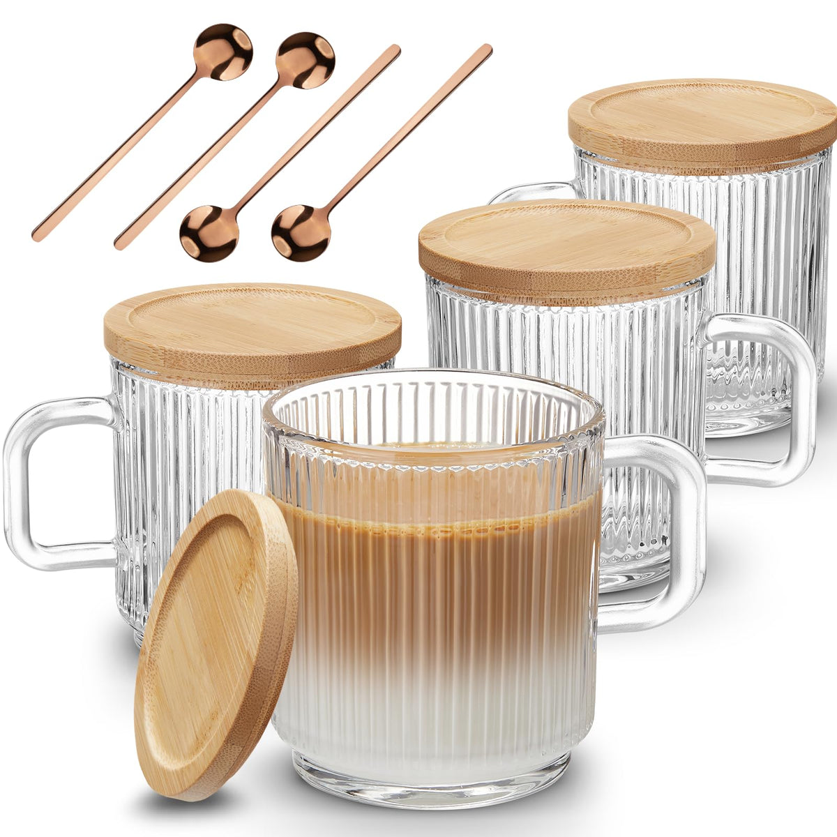 Mfacoy 2 PACK Glass Coffee Mugs with Handle & Spoon, 12 OZ Glass Coffee Cups with Bamboo Lid, Ribbed Glass Cups, Clear Tea Cup for Hot/Cold Beverages, Glassware Set for Americano, Latte, Cappuccino