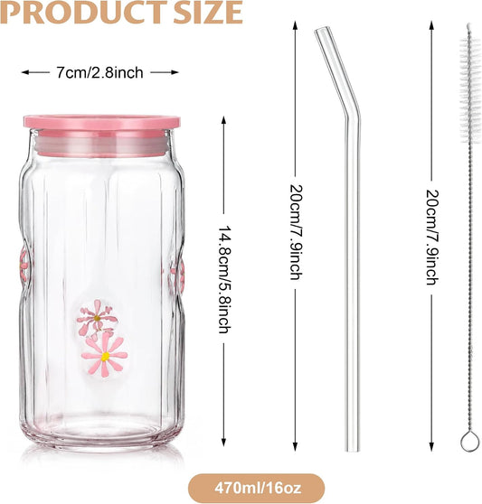 Joeyan 3D Daisy Glass Cup with Lid & Straw, 16oz Floral Iced Coffee Tumbler