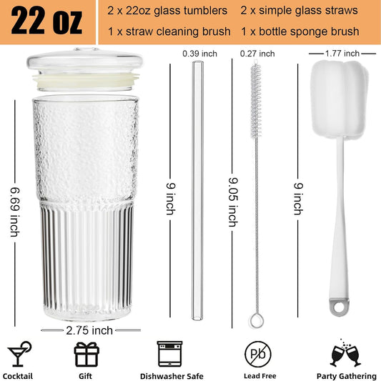 ALINK Glass Cups with Lids and Straws, 22 oz High Borosilicate Clear Iced Coffee Glass Tumblers, Drinking Glass Smoothie Tea Water Cups, Pack of 2 with Cleaning Brush