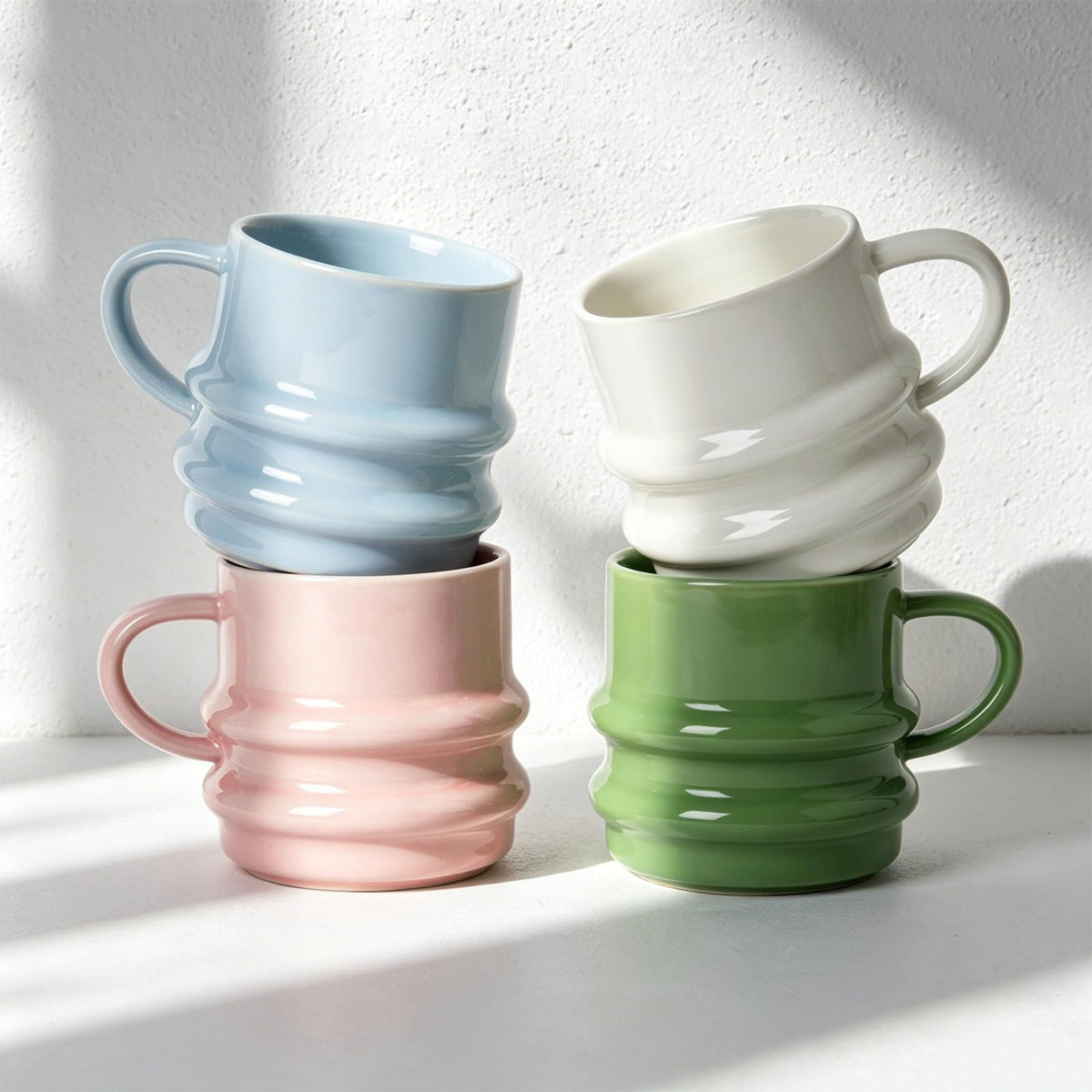 Stoneware Coffee Mugs Set of 4, 12oz Hand-Painted Coffee Cups with Handle
