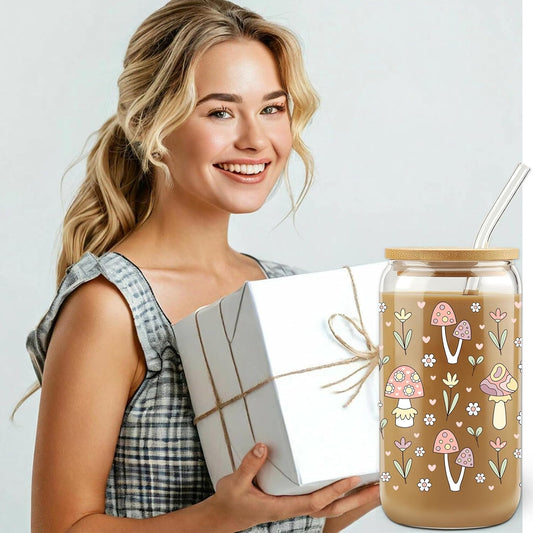 Mushroom Glass Cup with Bamboo Lids Straws, 16oz Retro Hippie Tumbler