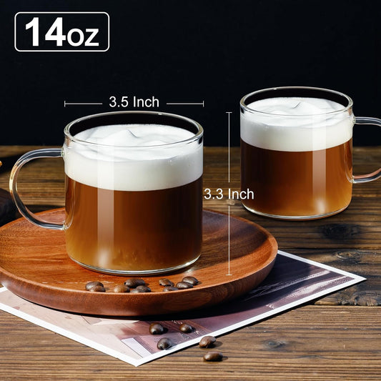 PARACITY Glass Mug Set of 2, 14.2 fl oz Clear Coffee Cups with Handles