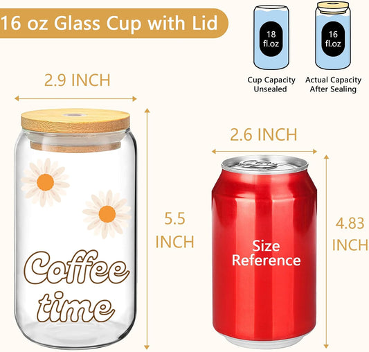 BGraceyy 16 oz 20-Pack Glass Cups with Lids and Straws + DIY Stickers, Reusable Tumblers Beer Can Drinking Glasses with Bamboo Lids and Straws, Cute Glass Coffee Cups with Lids for Iced & Hot Drinks