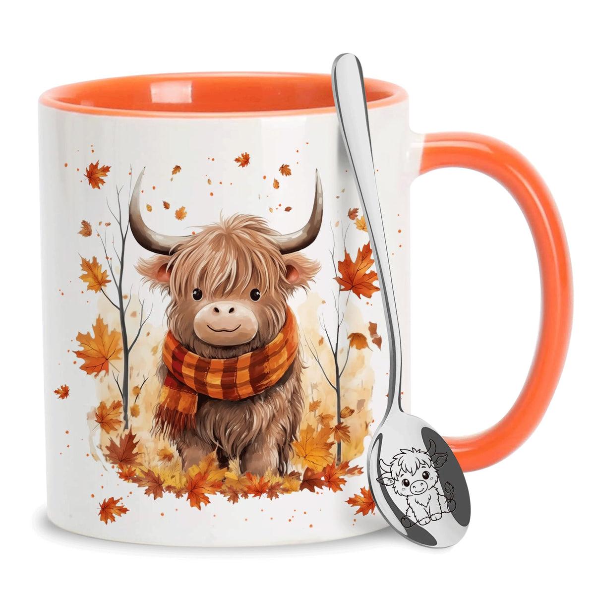 Hyturtle Fall Highland Cow Maple Leave Coffee Mug with Spoon Gift For Women