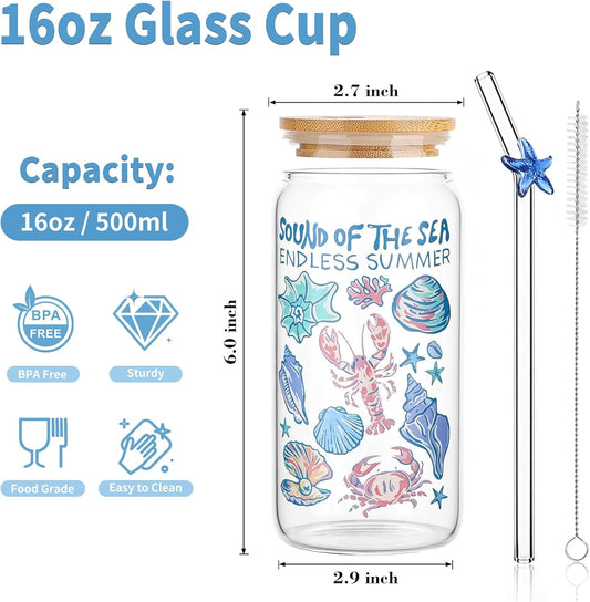 Aesthetic Glass Cups with Lids and Straws, 16oz Ocean Print Glass Tumbler with Bamboo Lid and Glass Straw, Cute Summer Drink Cup for Women, Iced Coffee Matcha Cup, Birthday Gifts