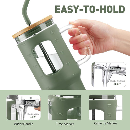 WINSA Glass Tumbler with Straw and Lid, 40 oz, Olive