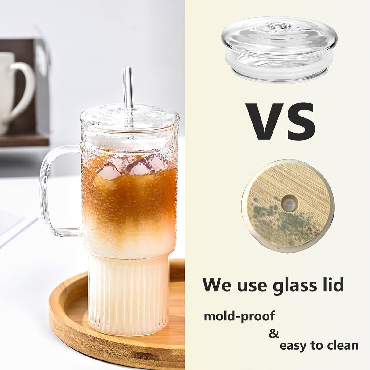 32oz Glass Cups with Handle Lids and Straws, Borosilicate Glass Tumblers for Iced Coffee, Smoothies, Fruit Drinks. Reuseable Glasses Cups for Cold/Hot Water (glass lid 1 pack)