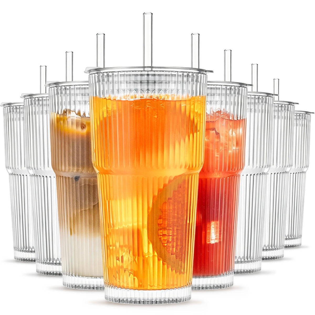 INSETLAN 20 oz Ribbed Glass Tumblers with Lids and Glass Straws – 4-Piece Glassware Set, Thickened Wall, Ideal for Iced Coffee, Smoothies, Cocktails, and Juices – Elegant and Durable Drinkware