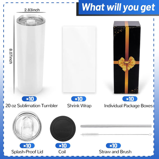 Joyclub Sublimation Blanks 20 oz Tumblers Bulk 10 Pack Skinny Straight