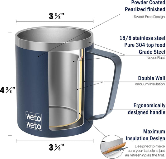WETOWETO 14 oz Insulated Coffee Mug, Vacuum Camping Mug with Lid, Handle