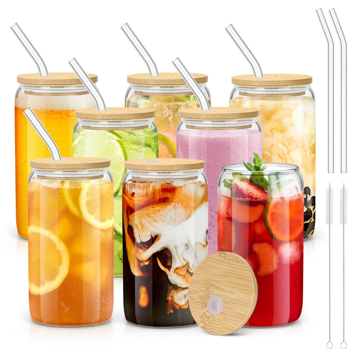 Glass Cups with Lids and Straws - 16 oz Glass Drinking Cups Set for Coffee