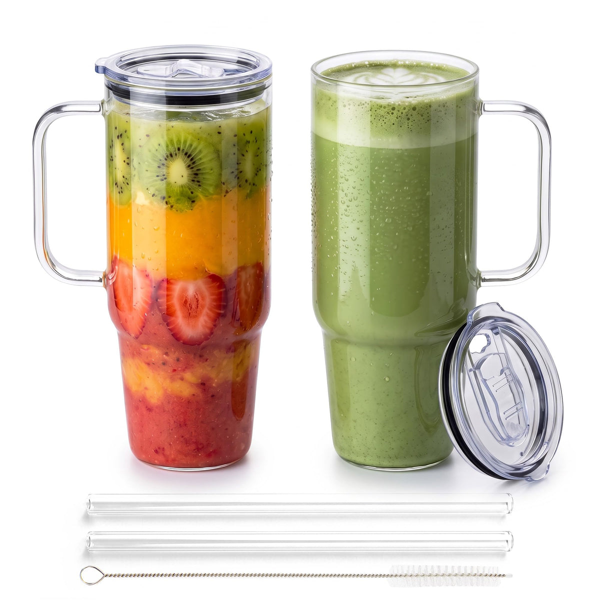 Glass Tumbler with Handle, 40 oz, 2 Pack, with Plastic Lid