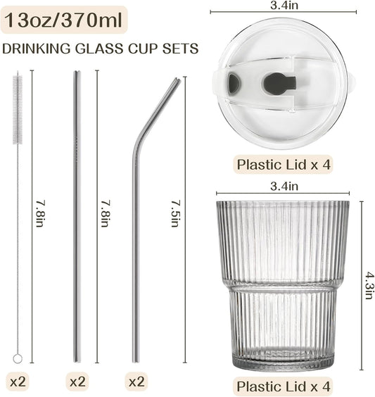 13oz Iced Coffee Cups,2Pcs Glass Cups with Lids and Straws Drinking Glasses,Clear Ribbed Glassware,Reusable Tumbler Glass to Go Cup for Matcha, Iced Tea,Juice
