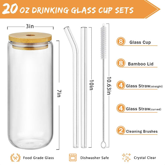 20 Oz Drinking Glasses - 8 Pcs Glass Cups with Bamboo Lids and Straws