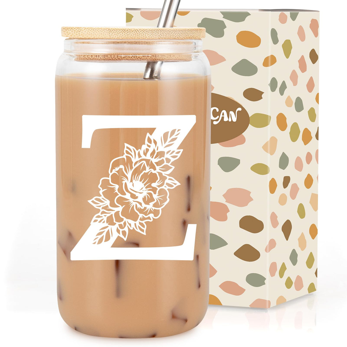 Coolife Initial Glass Cup, Monogrammed Gifts for Women, 16 oz Tumbler w/Lid