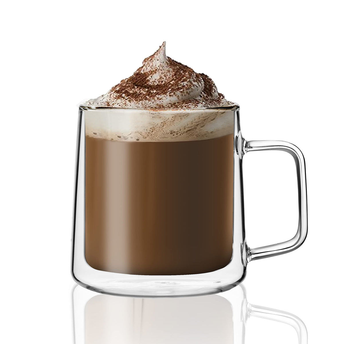 CNGLASS 10oz Glass Coffee Mugs,Double Wall Insulated Glass Mugs with Handle,Clear Espresso Mug for Latte,Cappuccino,Tea Bag,Set of 2
