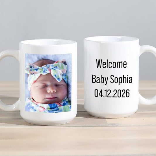 Lifetime Creations Custom New Baby Photo Mug with Text: Personalized Coffee Cup, 15 ounces, Custom Newborn Photo Gift for New Parents, New Mom Keepsake, Baby Name Announcement, Printed in USA