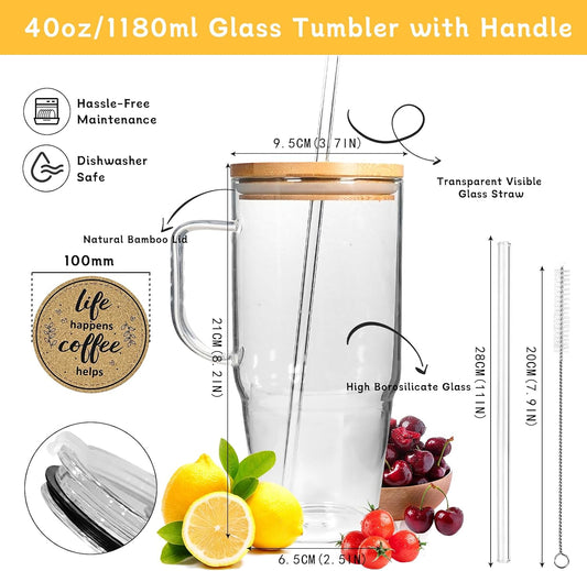 ANOTION Glass Cups With Lids And Straws, Leakproof Tumbler Mason Jar Coffee Cup, Cap Cup Leak-Proof with Straw, Reusable Iced Coffee Smoothie Matcha Cup Aesthetic Coffee Gifts Women