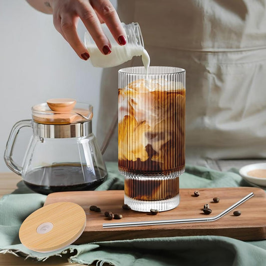 HIGIINC Iced Coffee Cups with Lids 4 Pcs - 16 OZ Glass Cups with Lids and Straws, Reusable Ice Coffee Tumbler, Clear Ribbed Drinking Glasses for Matcha, Smoothie, Ice Tea, Lemonade