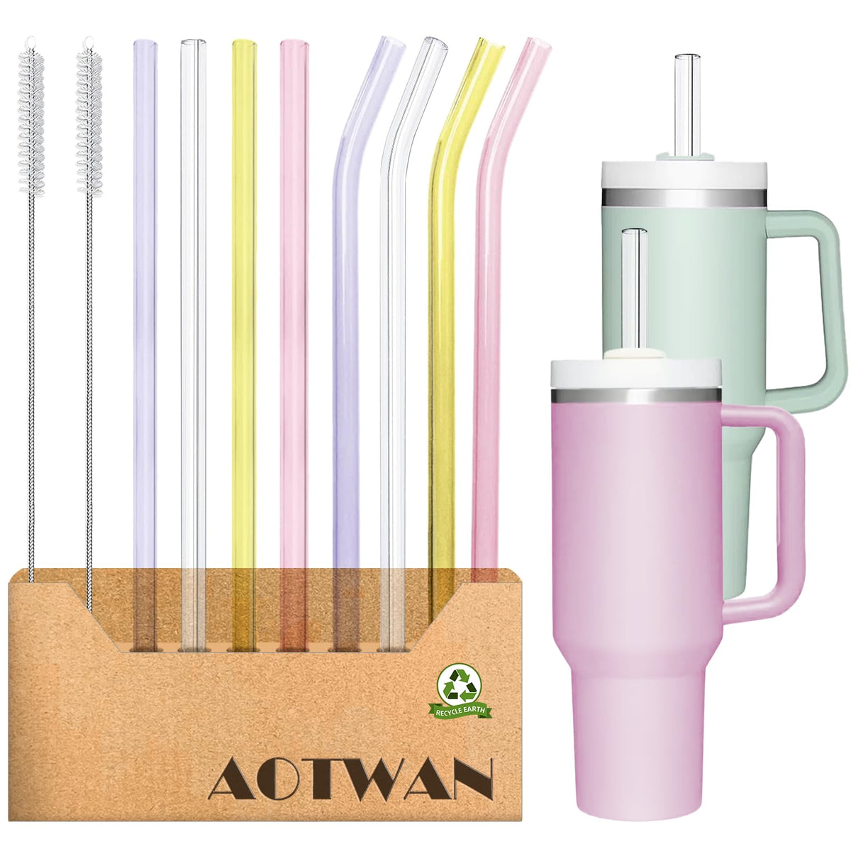 AOTWAN Glass Straws for Stanley 8pcs 40/30 oz Tumbler,12inch Replacement Straw for Stanley 4 Straight and 4 Bent with 2 Brushesh,Reusable Glass Straws for Stanley Cup