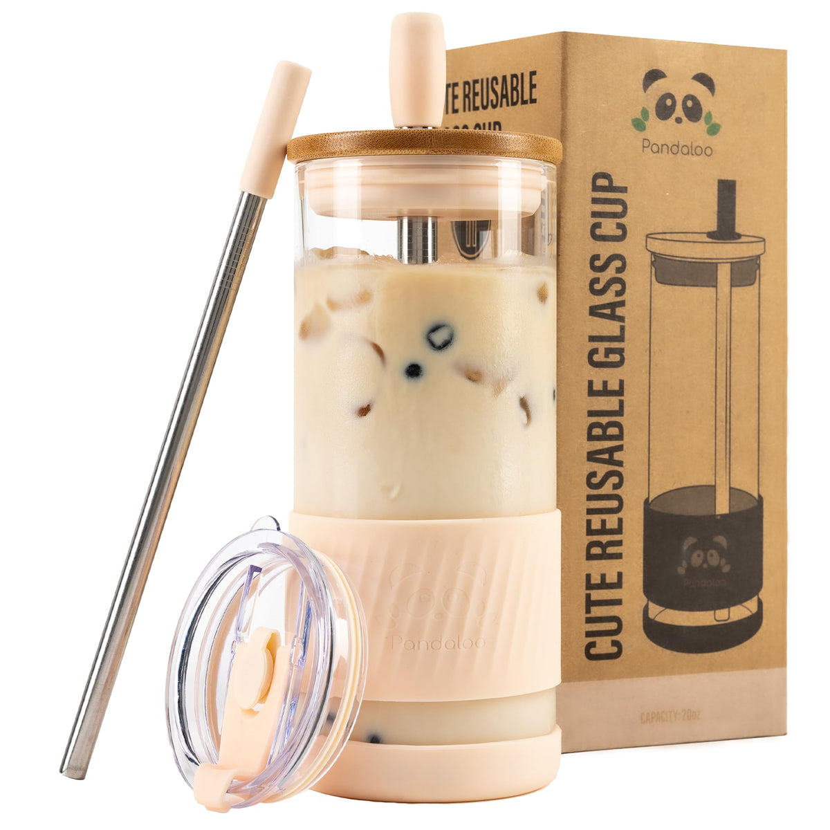 Pandaloo® Glass Cups With Lids and Straws -20 Fl Oz- Perfect Size Iced Coffee Cup - Smoothie Cup With Bamboo Lid and On the go Lid (Creamy Mushroom, 1 Count (Pack of 1)