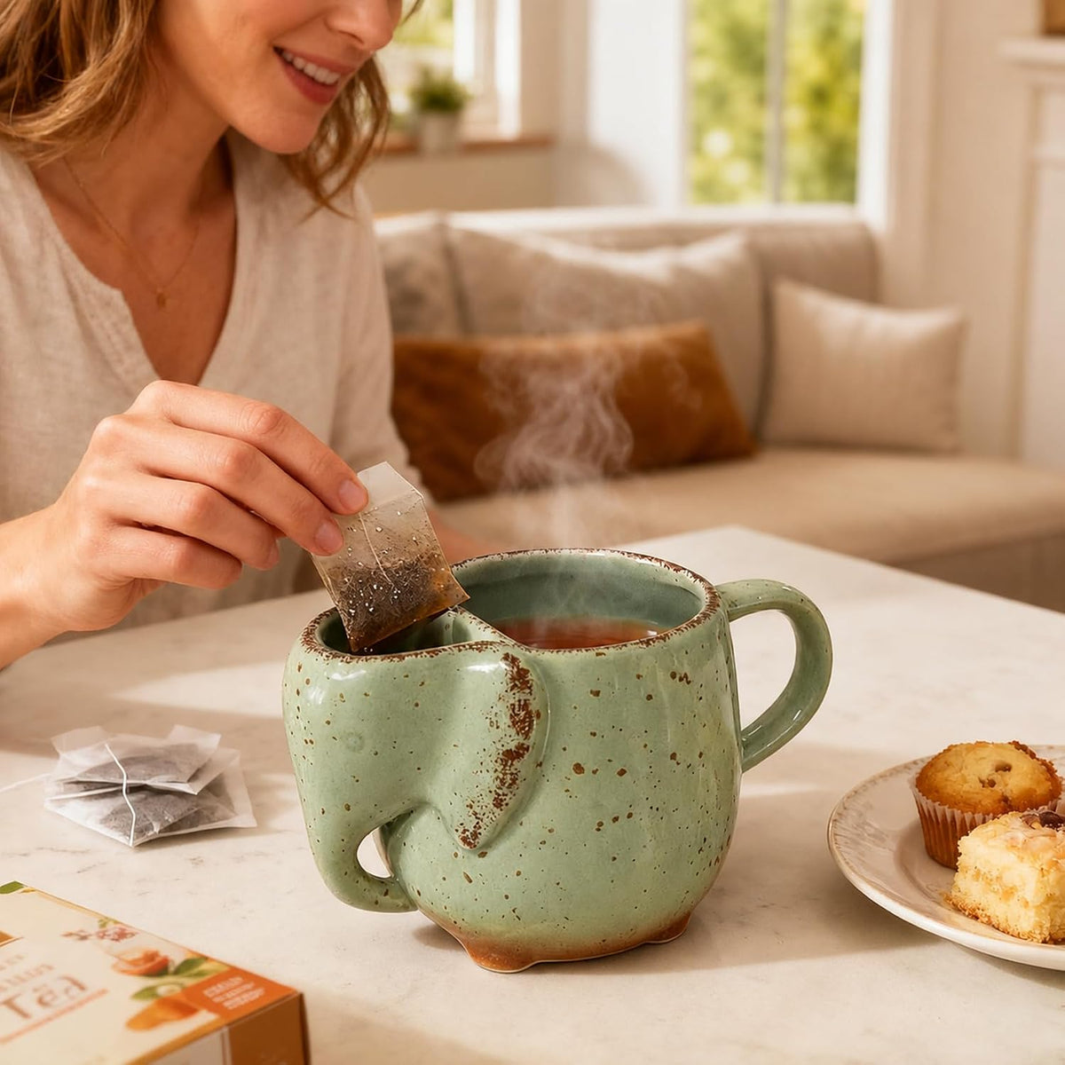 Elephant Mugs Unique Tea Mug for Women Tea Lover Ceramic Green 15 oz