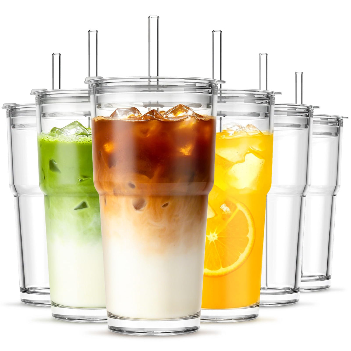 INSETLAN 20 oz Iced Coffee Cups with Lids and Straw, Set of 2 Glass Tumbler