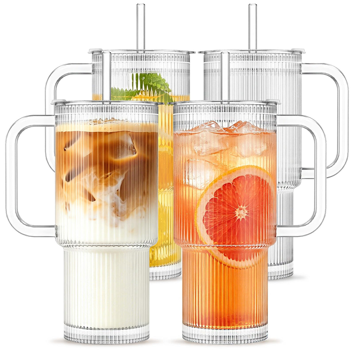 INSETLAN 24 oz Ribbed Glass Tumbler with Handle, 2-Pack Iced Coffee Cups