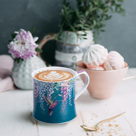 Spring Hummingbird Floral Coffee Mug, 12oz Dark Teal Ceramic Mug with Wisteria and Fluttering Hummingbird, Elegant Gift Mug for Mom, Women & Bird Lovers, Designed in England by Harvest Green Studio
