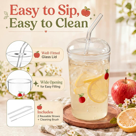 Rtteri Glass Cup with Dome Lid and Straw 17oz Apple Icon Juice Cute Tumbler