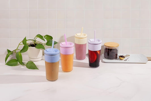 Ello Ava 18oz Glass Tumbler with Straw and Lid for Iced Coffee, Blueberry