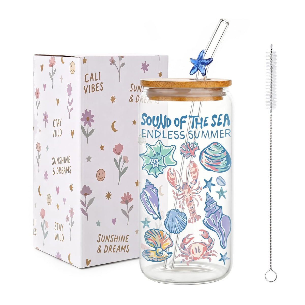 Aesthetic Glass Cups with Lids and Straws, 16oz Ocean Print Glass Tumbler with Bamboo Lid and Glass Straw, Cute Summer Drink Cup for Women, Iced Coffee Matcha Cup, Birthday Gifts